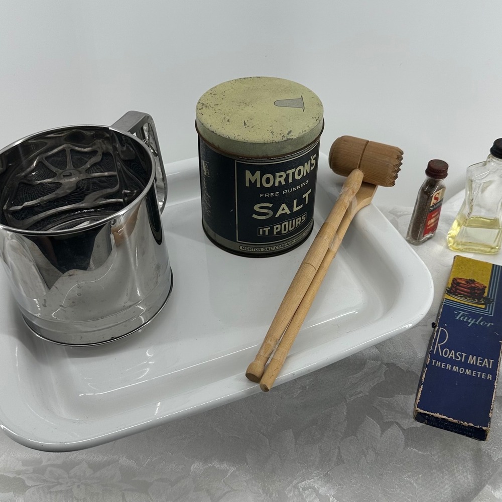 Vintage Kitchen Lt Corning Ware Morton Salt Tin Taylor Thermometer Sifter Mallet